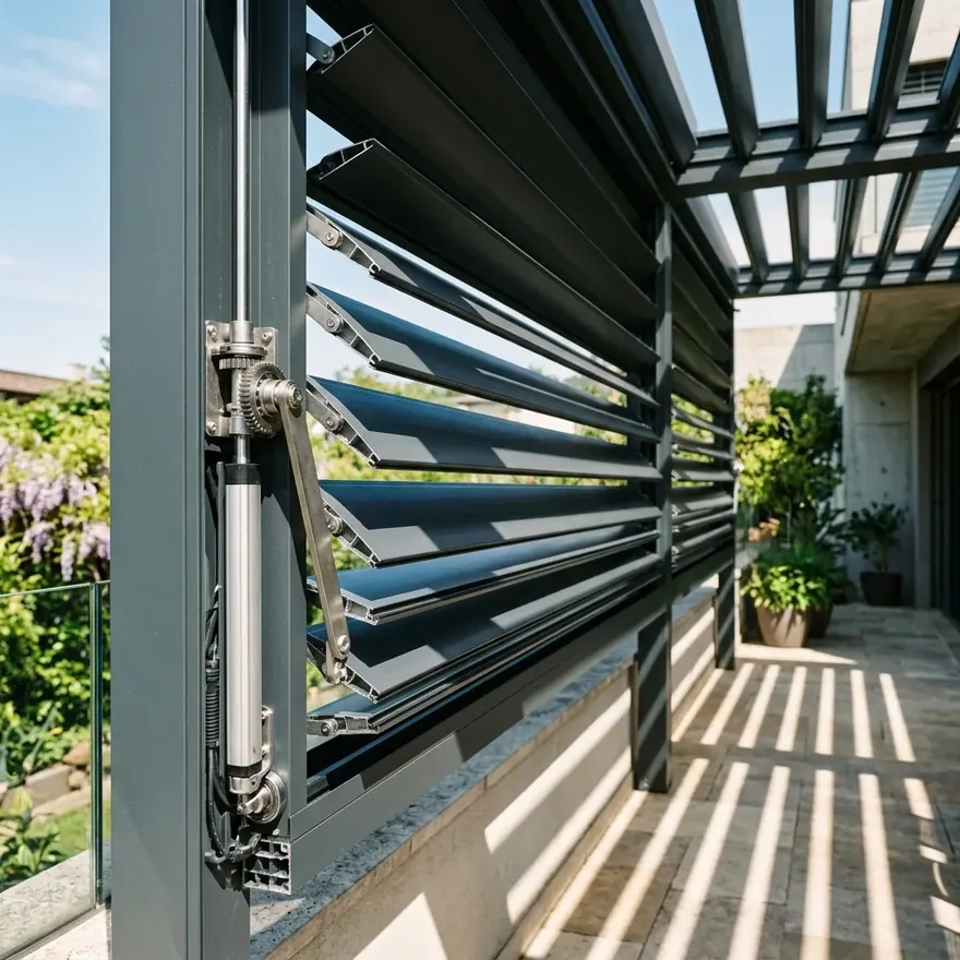 Detalle de las lamas orientables de una pérgola bioclimática