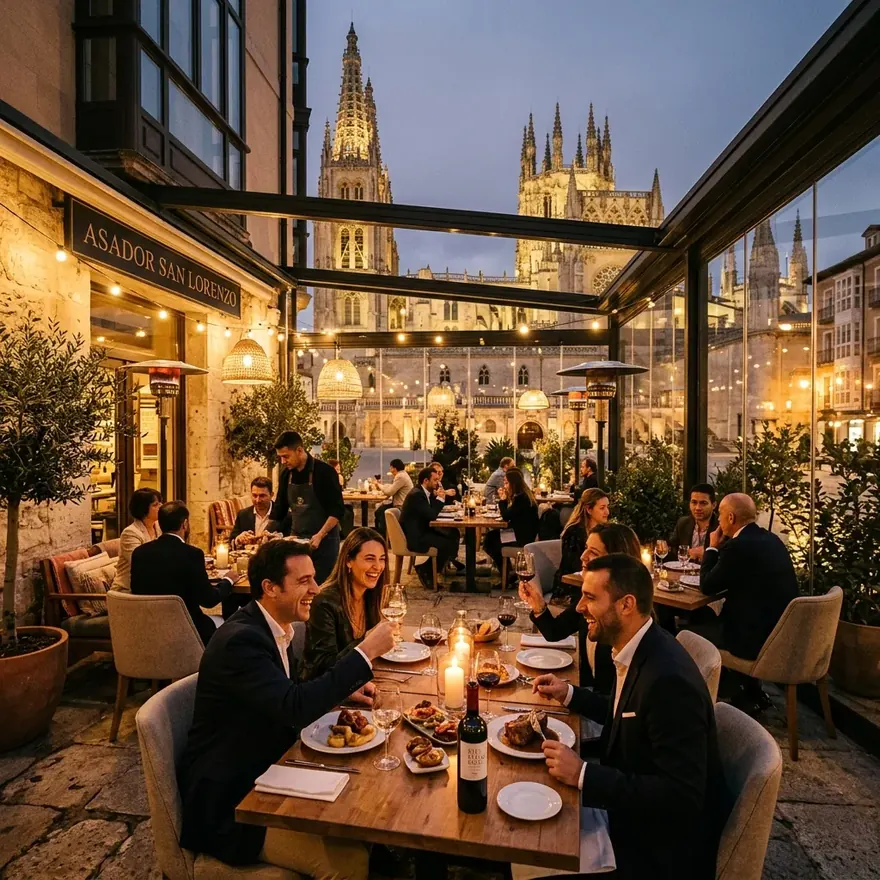 Terraza de hostelería con cerramiento de cristal frente a la catedral de Burgos
