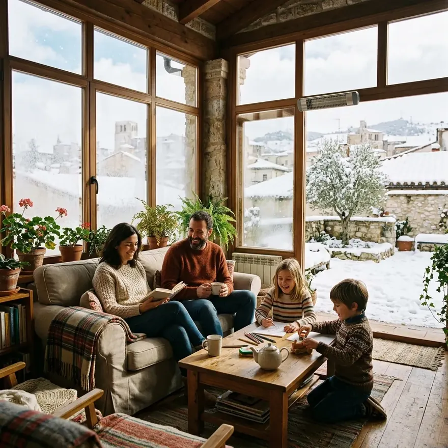 Familia en un porche acristalado con nieve en el exterior