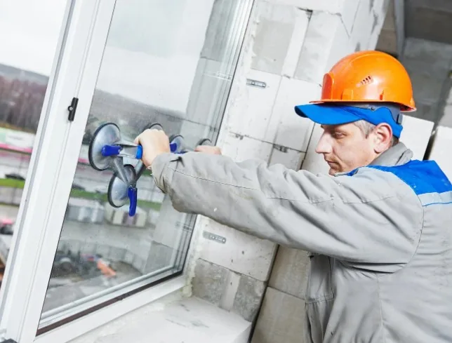 Instalador colocando un vidrio en un cerramiento de aluminio